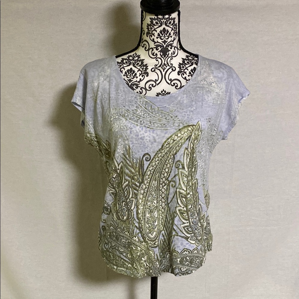 Chico's Green Graphic Cap Sleeve T-Shirt 100% Cotton Great Condition